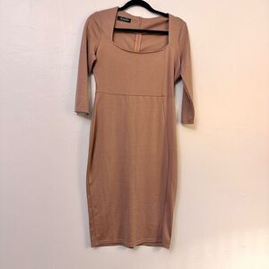 Amika Fashion Womens Square Neck 3/4 Sleeve Sheath Work Midi Dress Camel Large